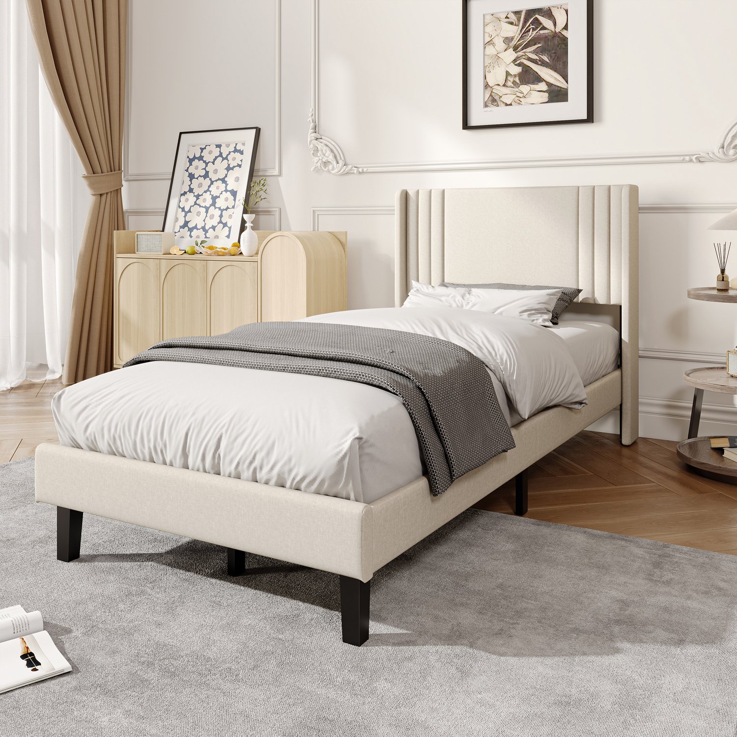Yelenaro Eenpersoonsbed 90x200 cm, Gestoffeerd bed met Lattenbodem, Bedframe met Hoofdbord, Beige Linnen, Zonder matras