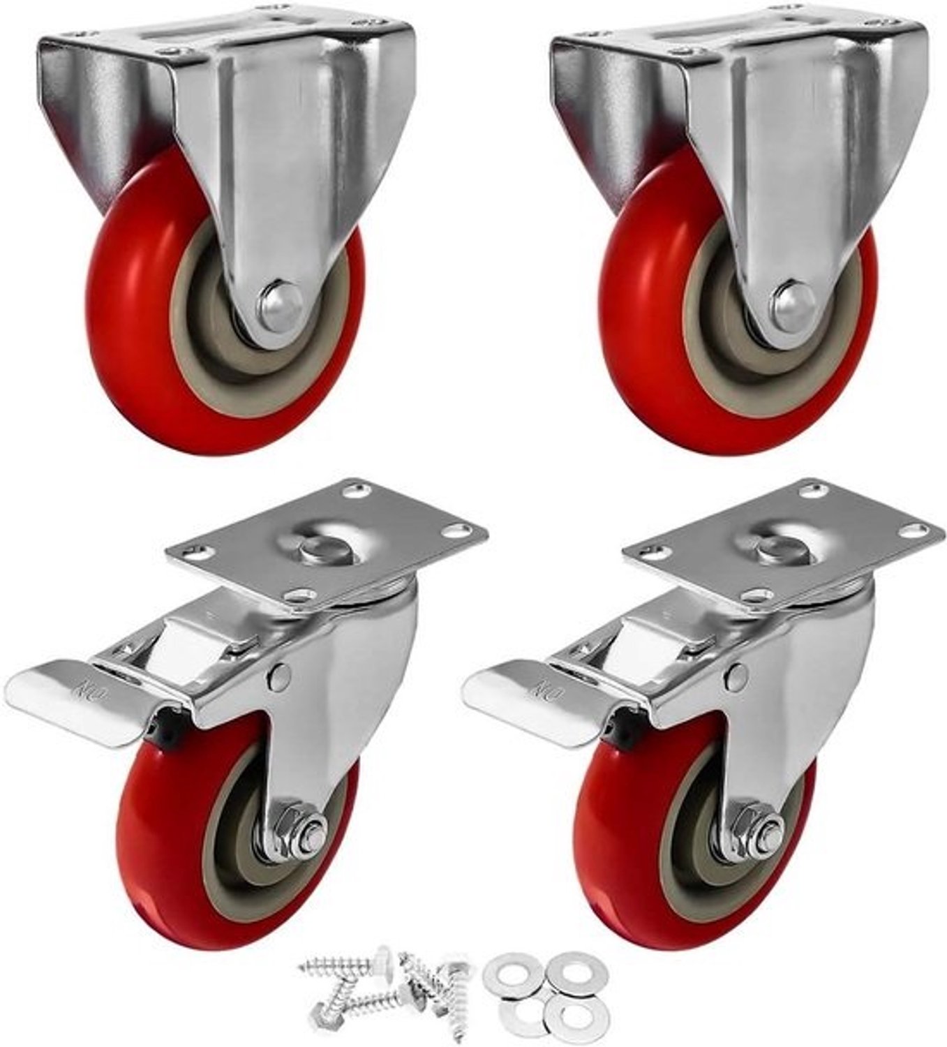 Set Zware Zwenkwielen - Industriële Wielen - Meubels Verplaatsen - Dubbele Remvergrendeling - Diameter 100 mm - Rood