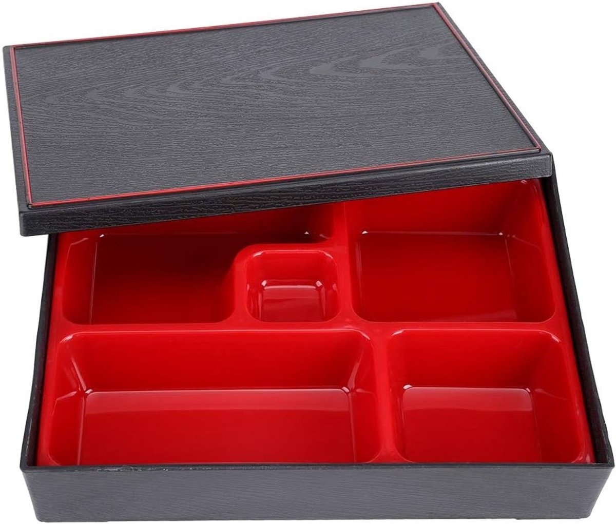 Bentobox Met Deksel - 5 Vakken - Lunchbox - Houtlook - 27 x 20,5 x 5 cm - ABS-Kunststof