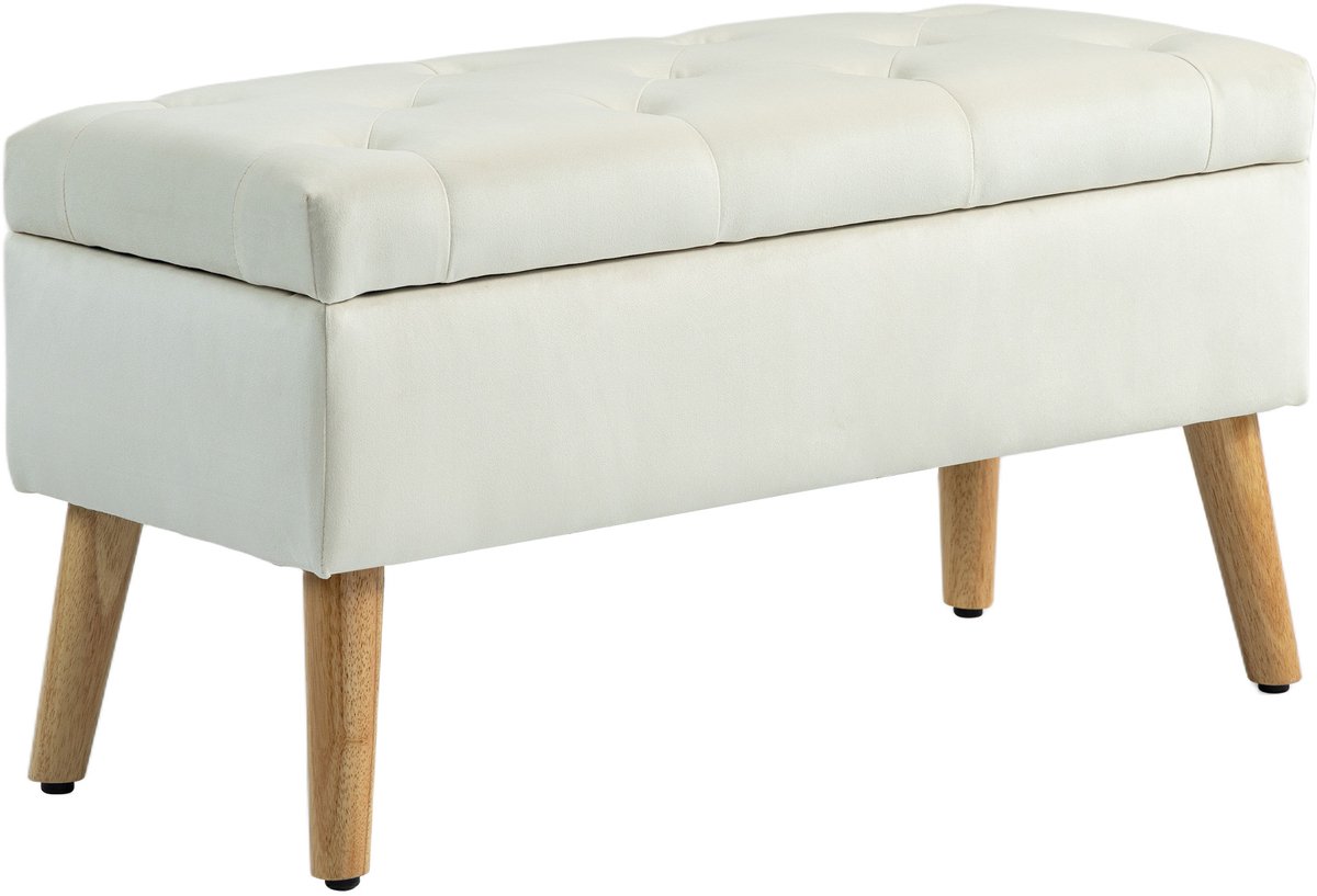 Opbergbankje met zachte bekleding, voetenbankje, poten van massief hout, fluwelen bekleding, ontwerp met klep, geschikt voor het wisselen van schoenen, in de slaapkamer of naast het bed, crèmekleurig