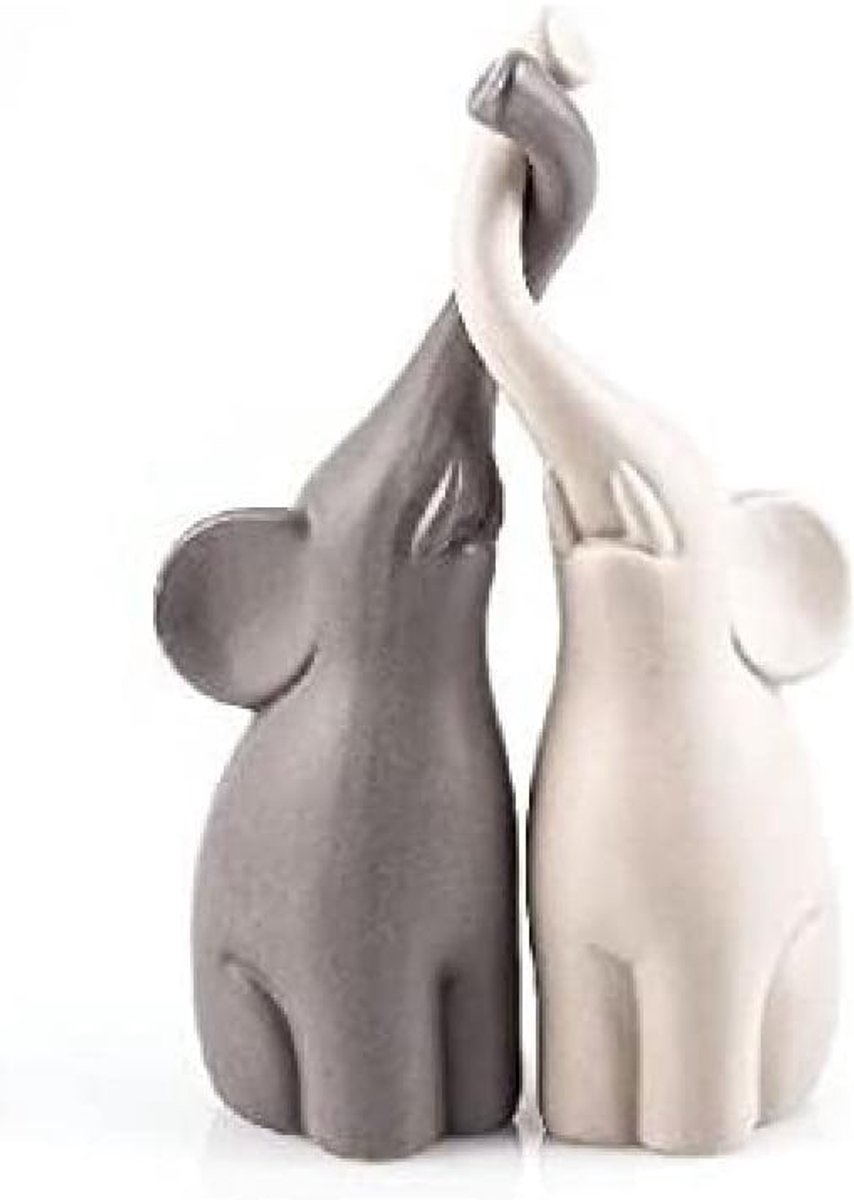 Olifantenbeeld - Set van 2 - Hoogte 25,5 cm - Keramiek - Beige en Grijs