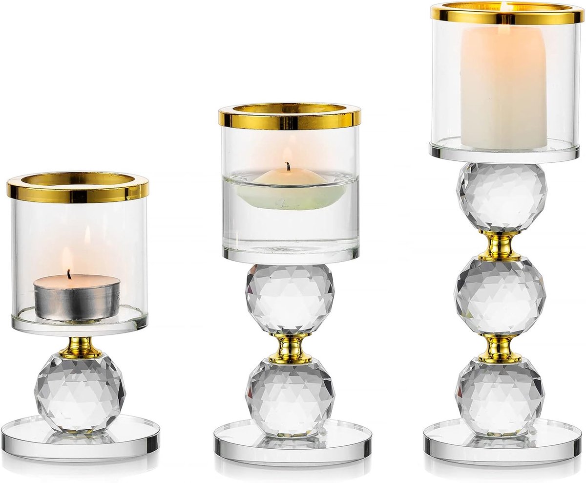 Theelichthouder - Set van 3 - Kristalglas - Goud en Transparant