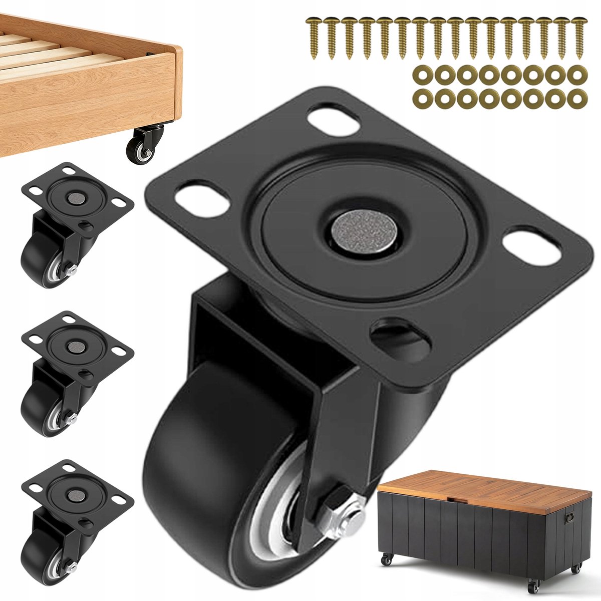 4x Zwenkwielen 50mm Rubber 250kg Draagvermogen, Zonder Rem
