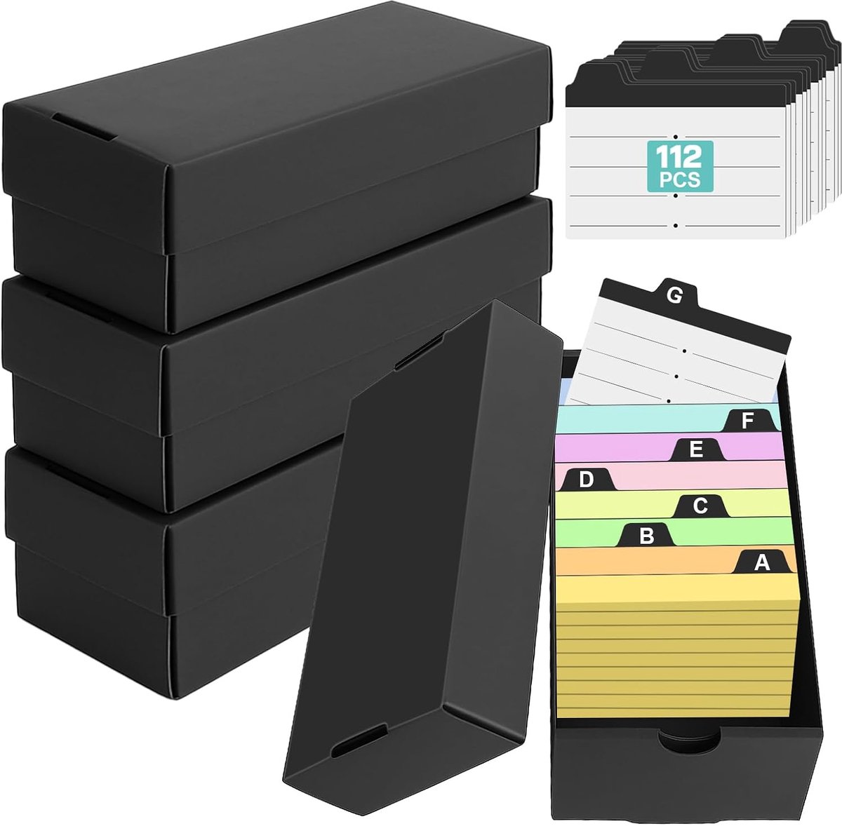 Indexkaartenbox A8 met 112 indexregisters, 4 stuks, voor 52 x 74 mm papier, opvouwbaar en stevig