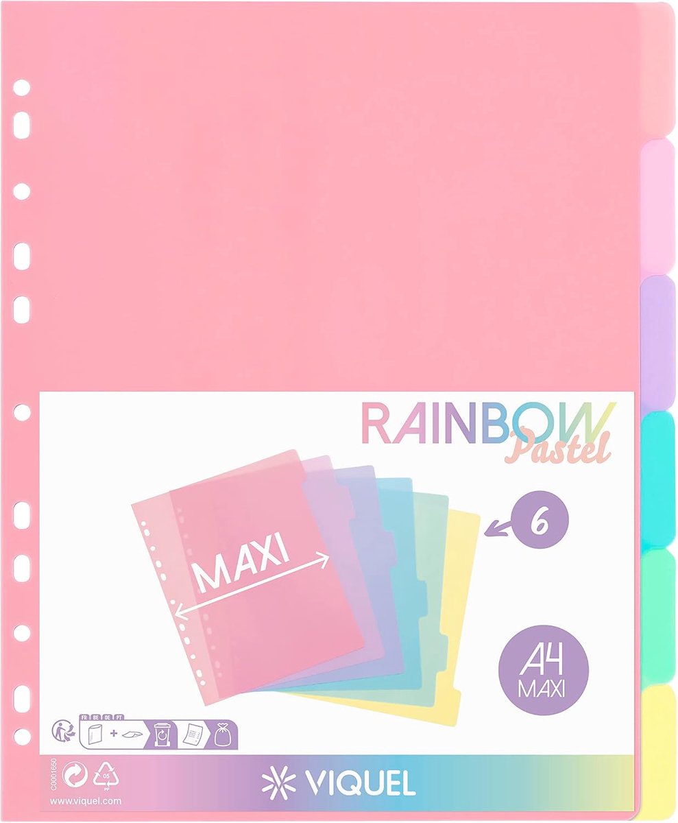 Set van 6 kunststof tabbladen in pastelkleuren, Maxi-formaat 24,5 x 30,5 cm, voor A4-mappen