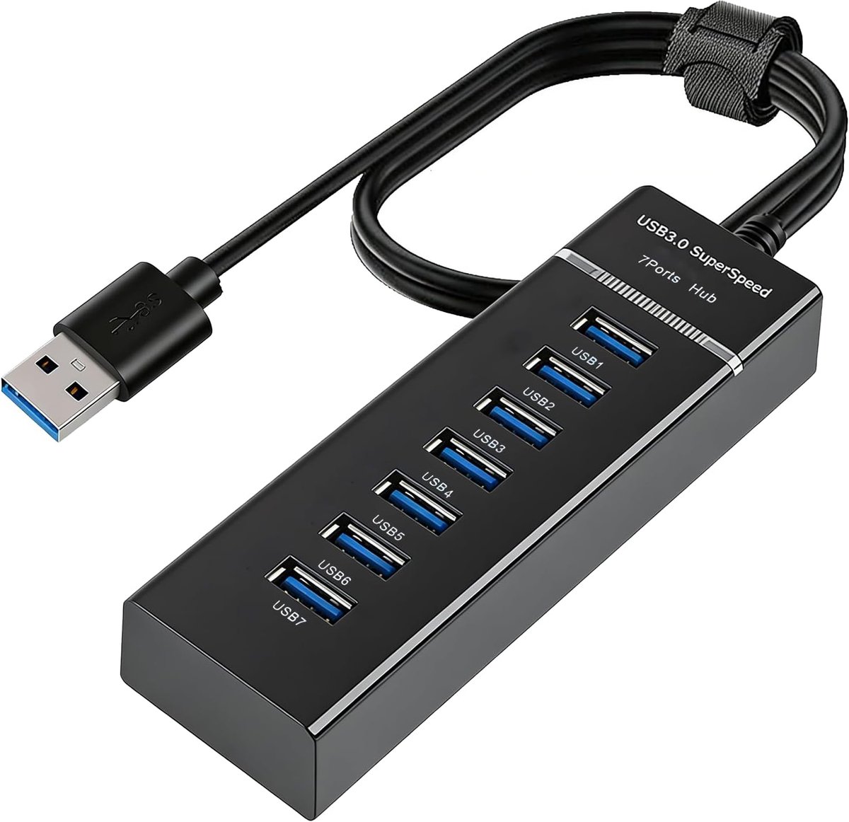 7-poorts USB 3.0-hub, aluminium USB-hub, 5 Gbps multi-port USB, met 100 cm kabel, voeding, geschikt voor Windows, Mac en Linux, uitbreidbaar met poorten voor harde schijven, printers, muizen, toetsenborden, enz.