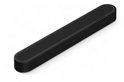 Schuin aanzicht van de zwarte Sonos soundbar met Sonos logo en bedieningsknoppen.