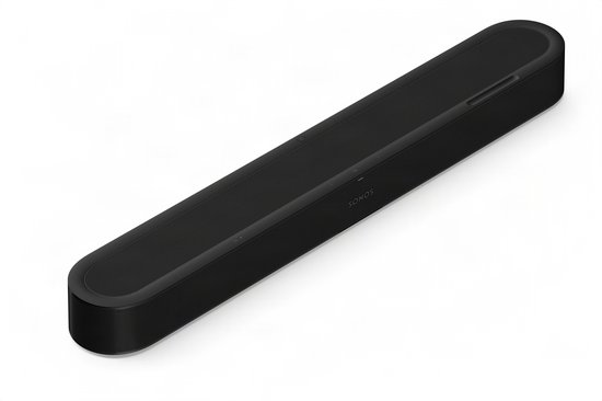 Schuin aanzicht van de zwarte Sonos soundbar met Sonos logo en bedieningsknoppen.