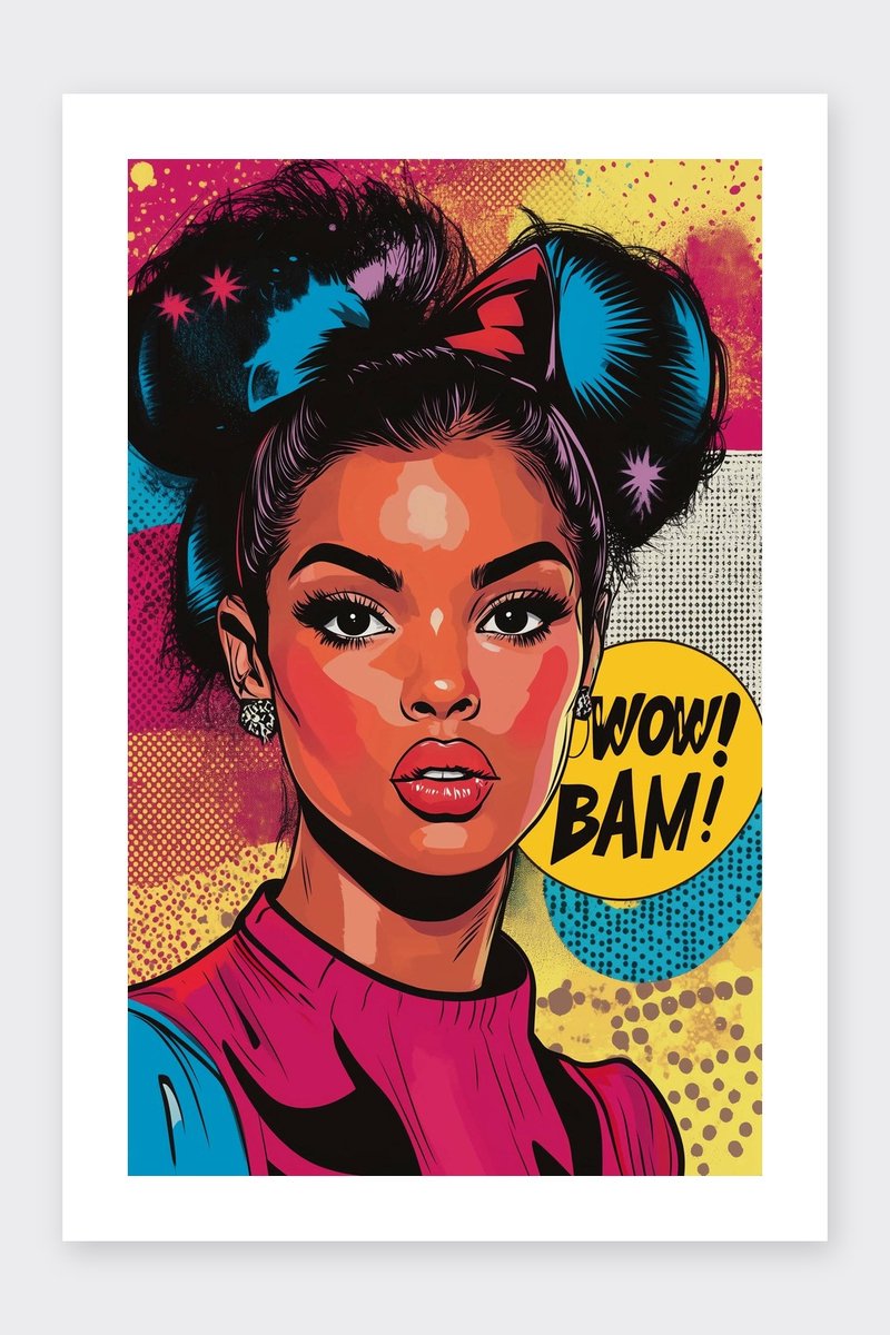 Vrouw Poster - Pop Art - Comic - Wow - Tekst - Strips - Retro - posters - formaat 30x40cm - Wanddecoratie - BXS5234BY - Met kader - passe-partouts stijl