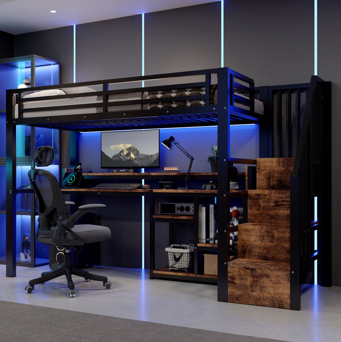 DESMIU Hoogslaper 90x200 cm - Metalen Bedframe Met Ladekast En Opbergvak - USB En Typ-C Oplaadfunctie En LED-Lichtstrip - Voor Kinderkamer - Zwart - Zonder Matras