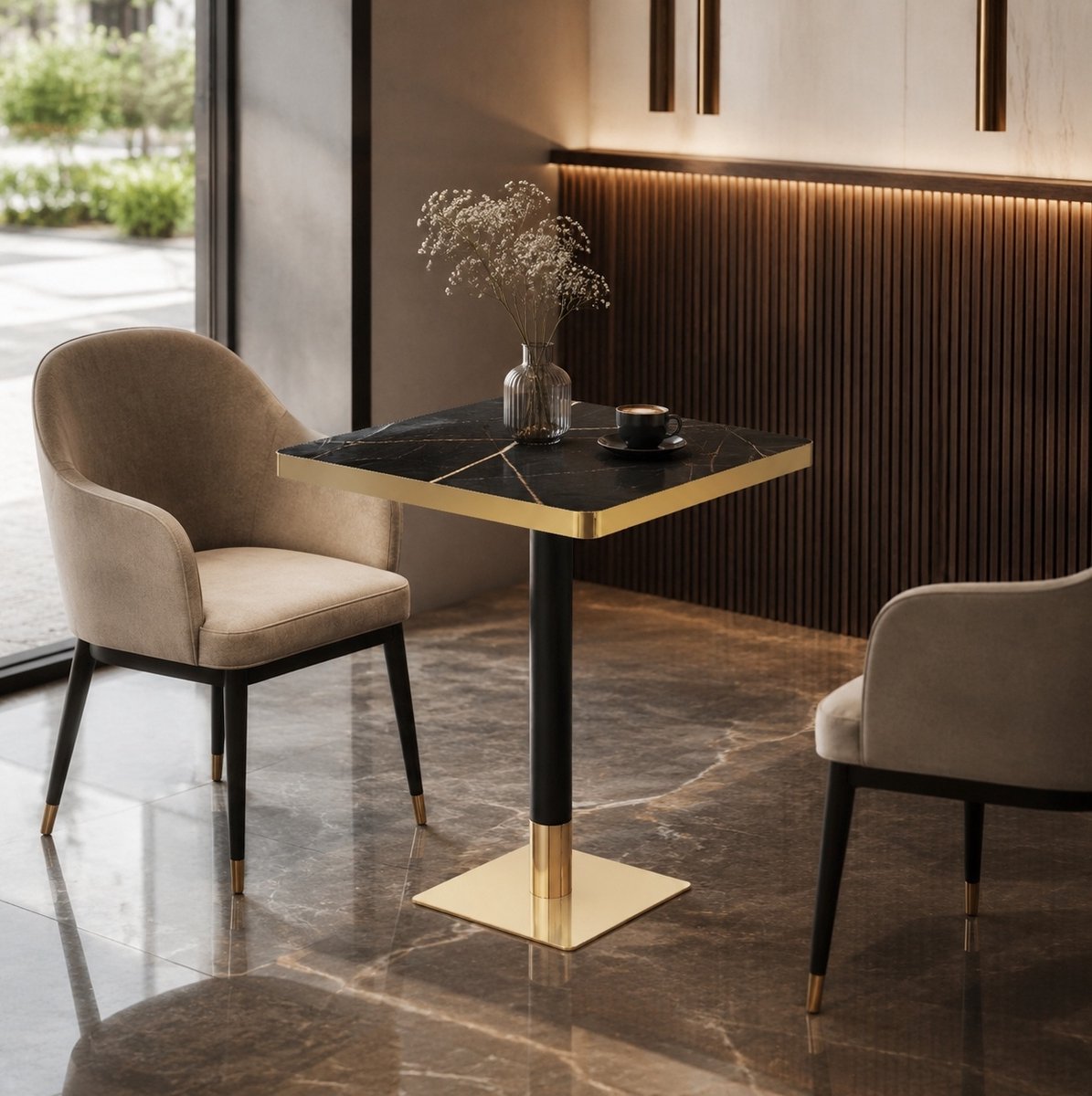 MODENUIT Eettafel - Vierkant Met Marmerlook - Voor Eethoek Of Cafe - MDF En Metaal - 60x60x74 Cm - Zwart