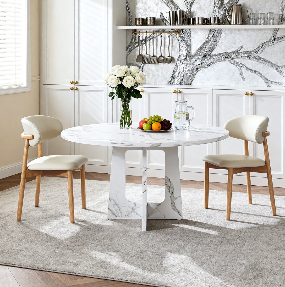 MODENUIT Eettafelset - Ronde Tafel Met 2 Stoelen - Voor Eetkamer En Woonruimte - Hout - Wit - 120x76 Cm
