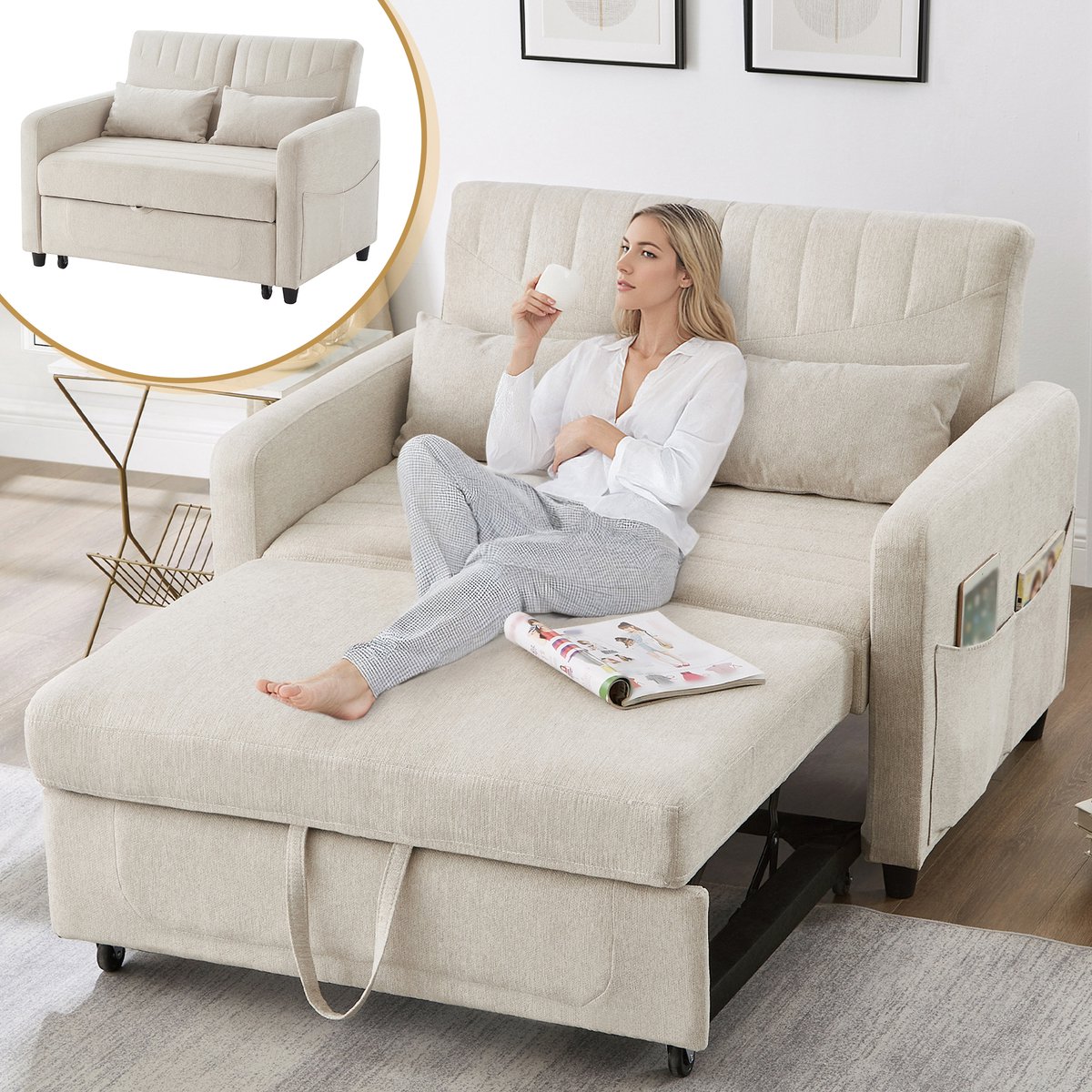 Slaapbank - 114 x 77 x 82,5 cm - met schuimvulling - met slaapfunctie - met verstelbare rugleuning - met houten poten - met armleuningen - Beige