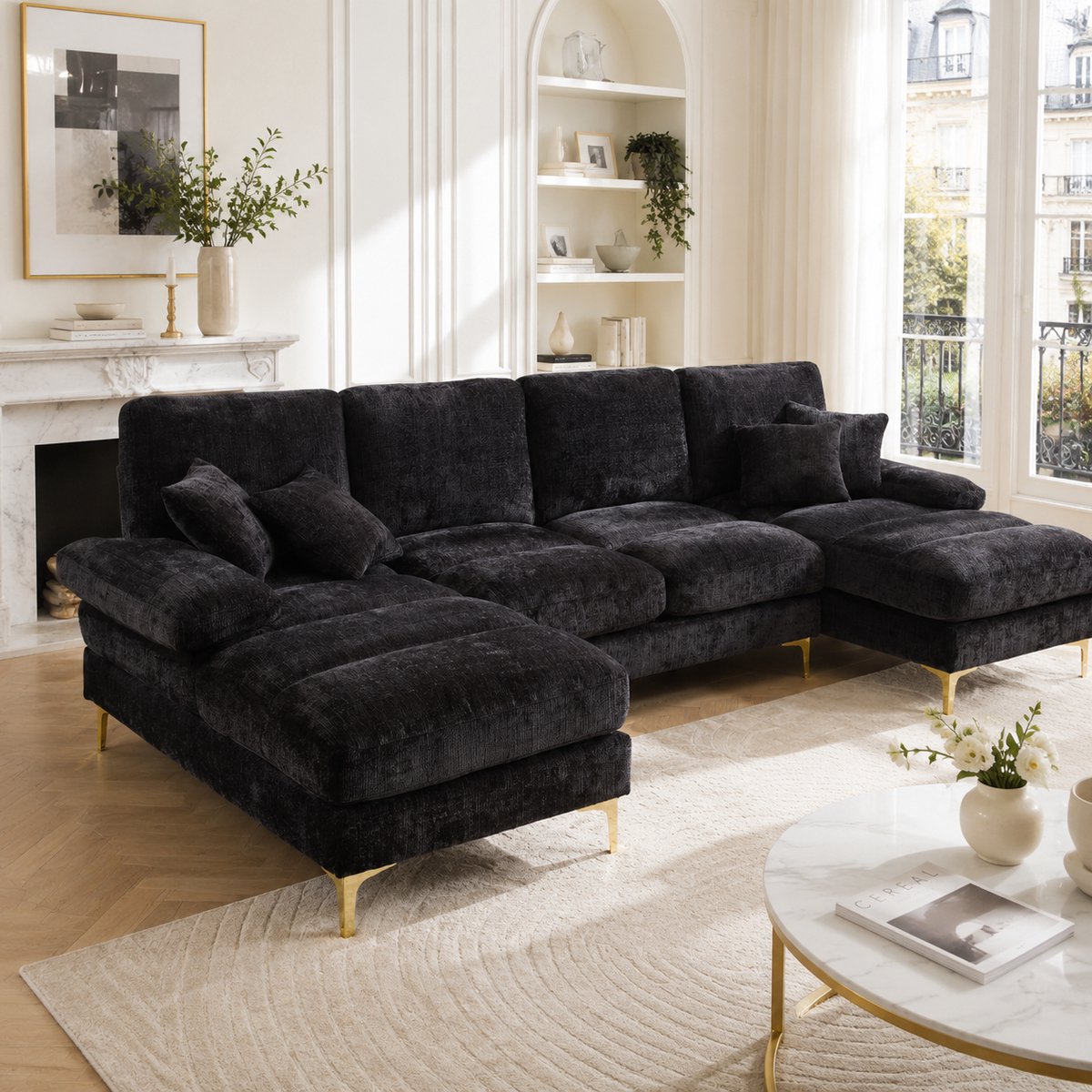 U-bank - 272 x 136 x 88 cm - chenille bekleding - modulair samen te stellen - inclusief kussens - met houten poten - met metalen frame - Zwart