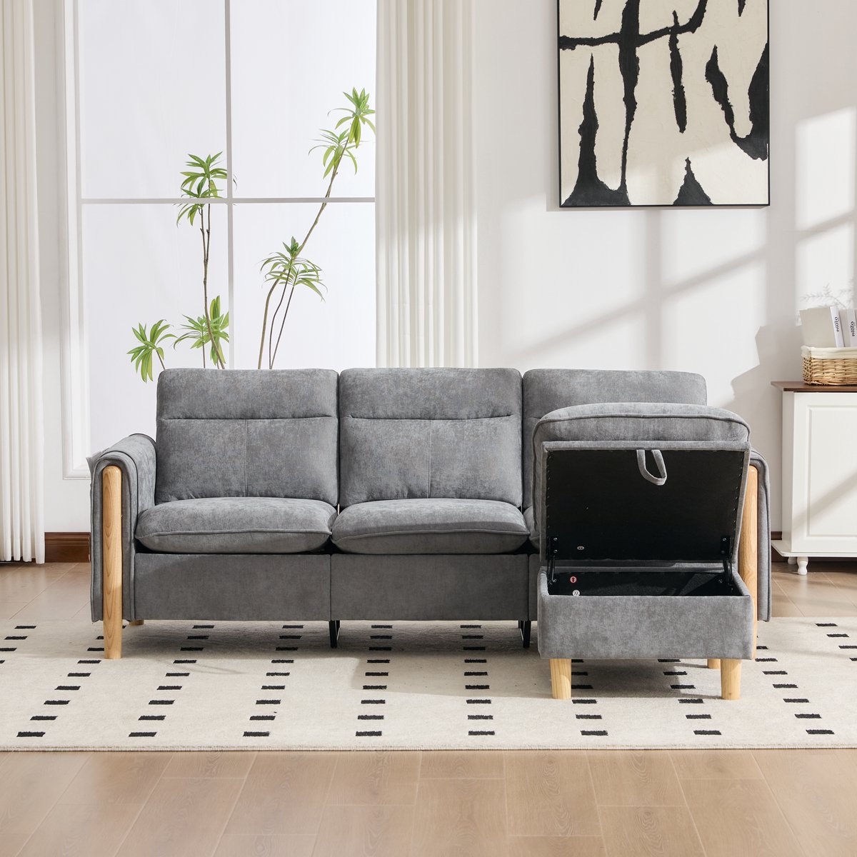 Zitbank - 201 x 77 x 86 cm - chenille bekleding - met opbergruimte - modulair samen te stellen - inclusief kussens - met armleuningen - Grijs