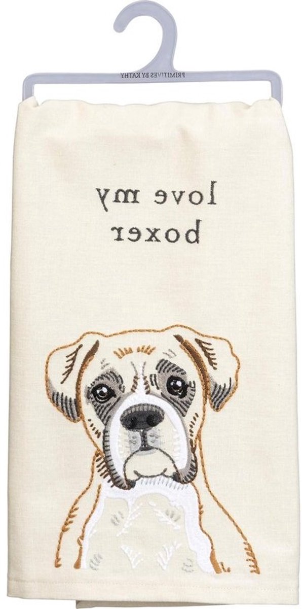 Theedoek Boxer - Keukendoek Vaatdoek - Keuken Decoratie - Volledig Geborduurd Ontwerp - 50 x 66 cm - Wit