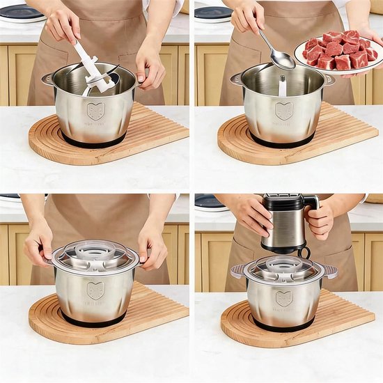 Hakmolen Elektrisch - Food Chopper RVS - Groentesnijder - Keukenmachine - 3 Snelheden - 3L - Veiligheidsslot - 25x29 cm - Multifunctioneel Hakmolen - Voor Vlees & Groenten & Noten & Babyvoeding — afbeelding 4