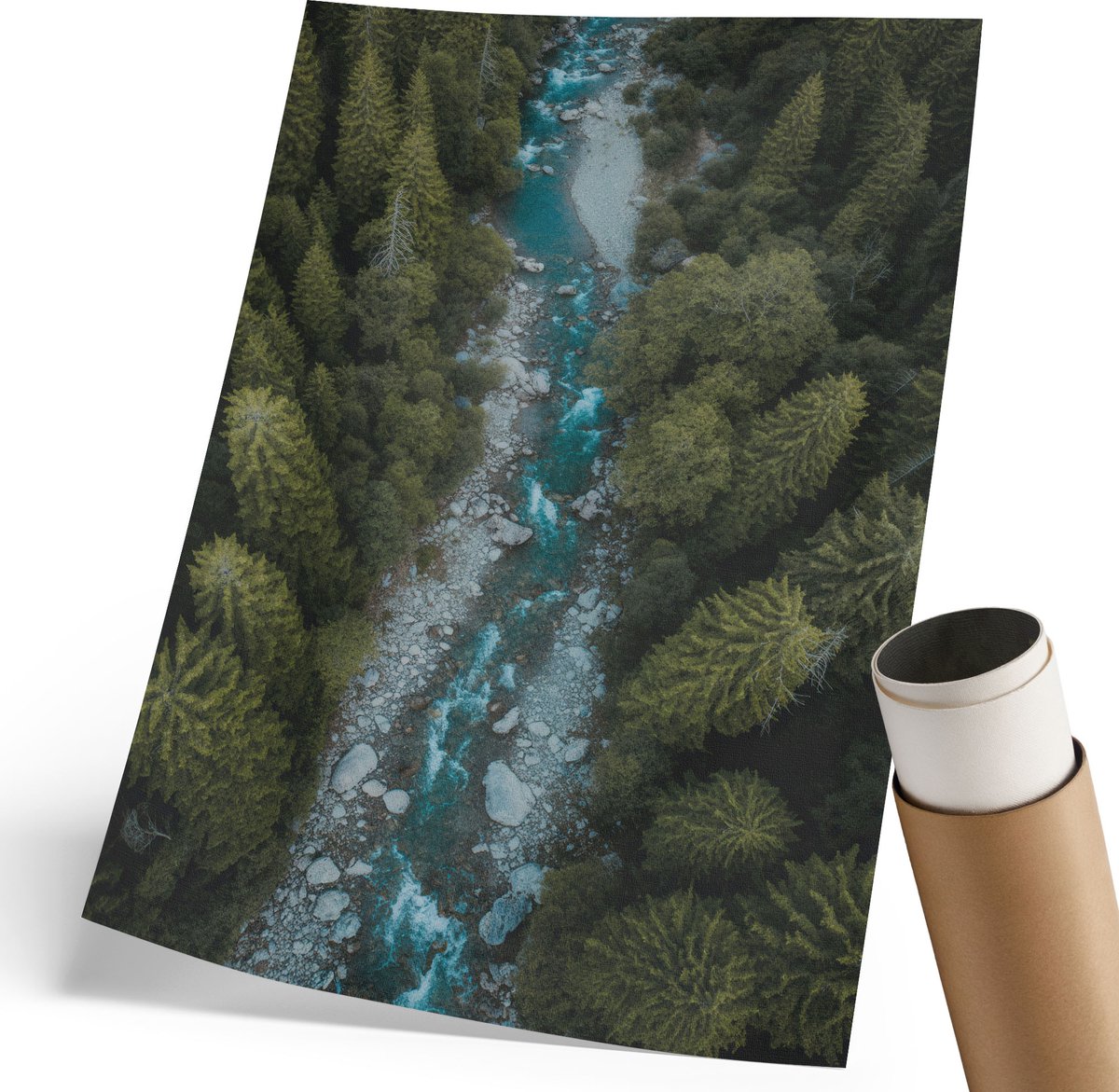 Wallfluent Polycanvas Wandposter - Het Meisje En De Vogel, Blauw - 297 x 420 mm - Wit Patroon - Rechthoek - Interieurdecoratie - Kantoor - Modern