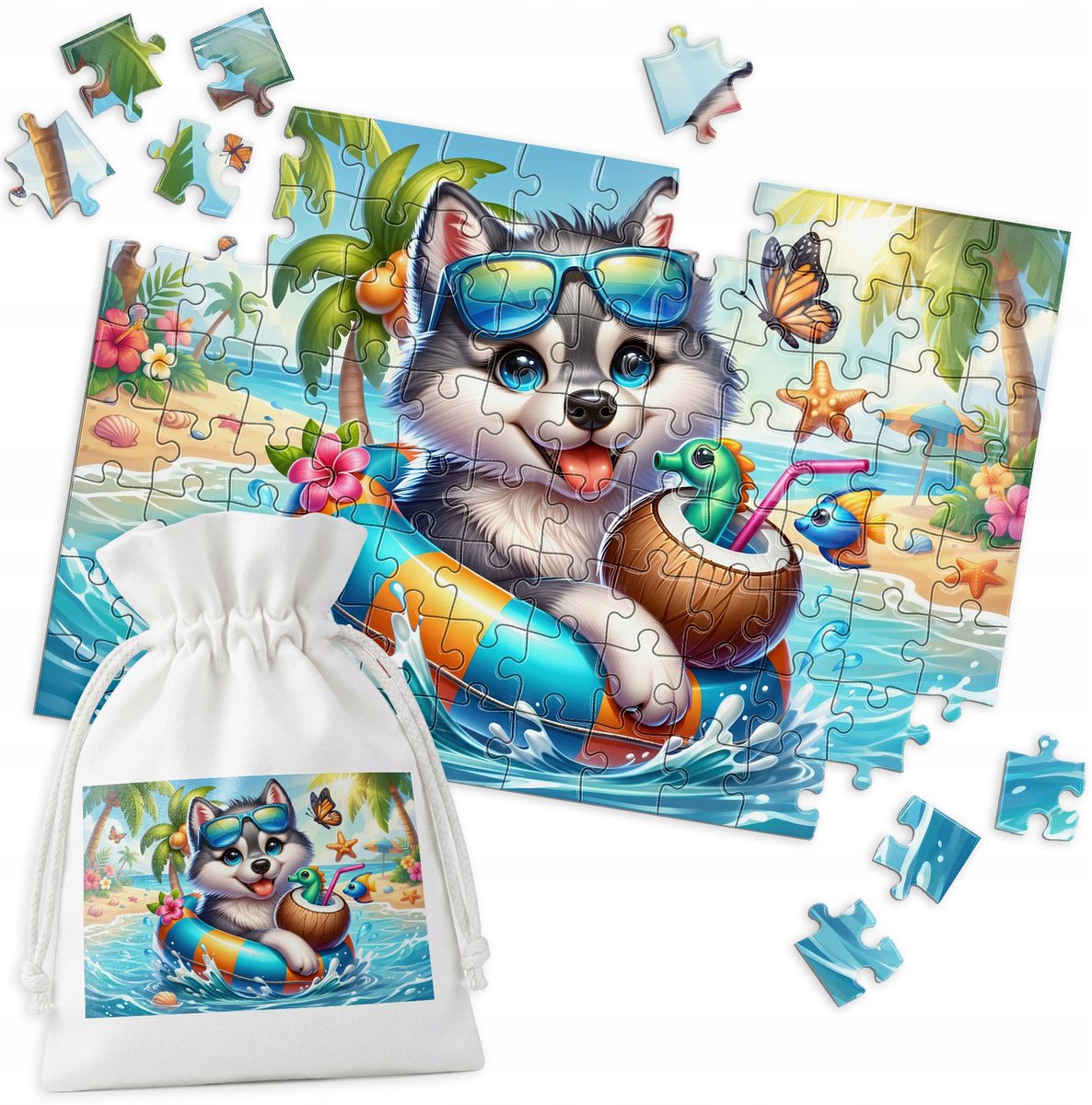 Merkloos Puzzel - Husky op het Strand - 96 Stukjes