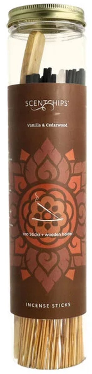 Scentchips Wierookstokjes Vanilla & Cedarwood – 100 Sticks met Wierookhouder – Vanille & Cederhout Bruin