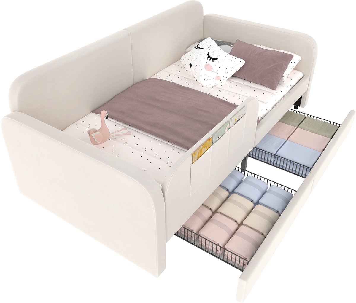 Fluwelen kinderbed - Dagbed met 2 lades - Veilig aanschuifbed - 3 opbergvakken - Stevig metalen frame - Slaapkamer - 90x200 cm - Wit