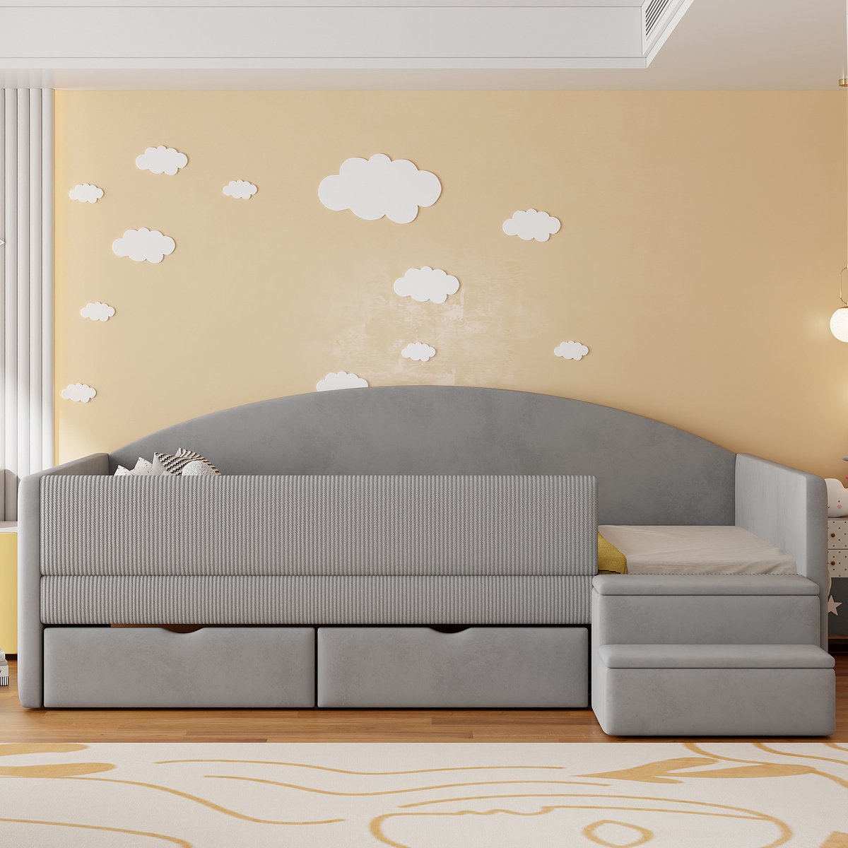 Gestoffeerd Bed - Bedbank Lichtgrijs - Kinderbed Met Lades - Met Uitvalbeveiliging - Draagkracht 200kg - Slaapkamer - 90x190 cm - Lichtgrijs