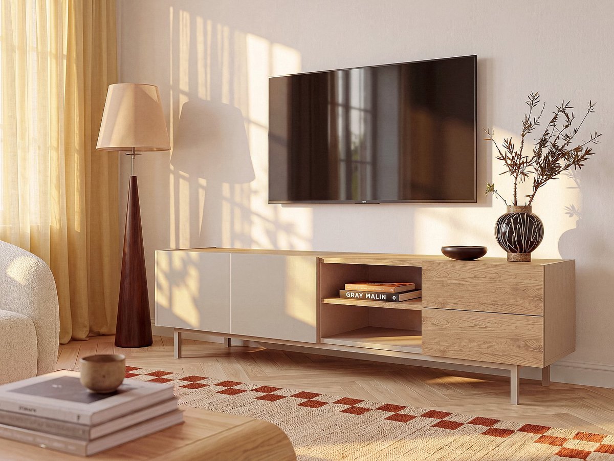 Vente-unique Tv-meubel met 2 deuren, 2 laden en 2 nissen - Beige en natuurlijk licht - REYALA