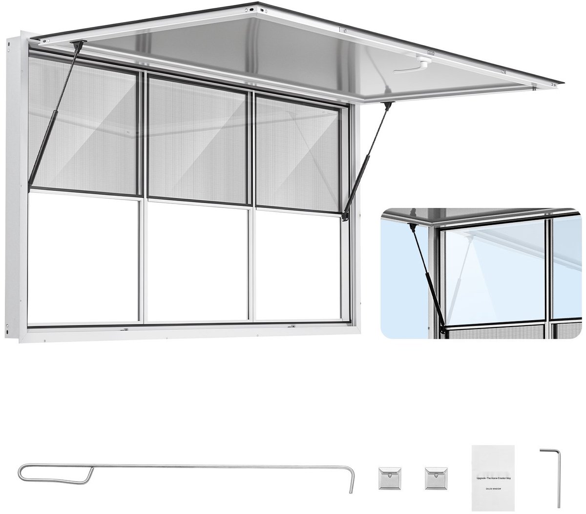 Verkoopraam voor foodtruck - Uitgifte- en verkoopklep - 1880 x 1016 mm - Opening tot 85° - 3 vaste glazen bovenpanelen - 3 verschuifbare onderste roosters