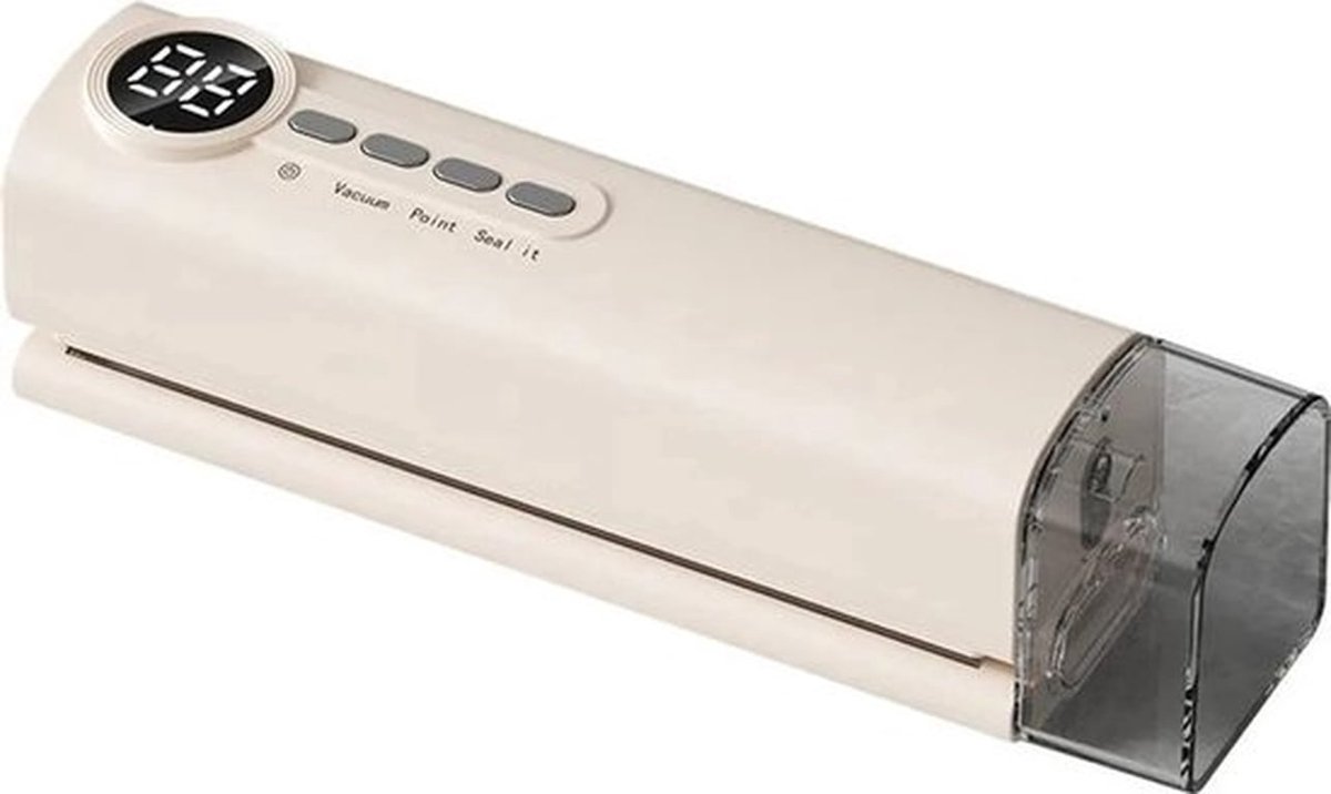 Draagbare vacuümsealer, draadloos ontwerp, USB-opladen, LED-display, geschikt voor zowel droge als natte voedingsmiddelen (wit).