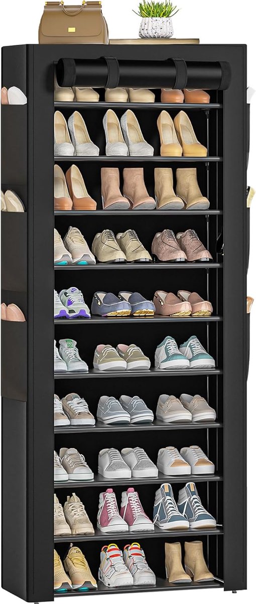Schoenenrek 11 lagen met stofhoes, hoog schoenenrek voor 36-41 paar schoenen, met grote zijzakken, voor in de gang of kast, zwart