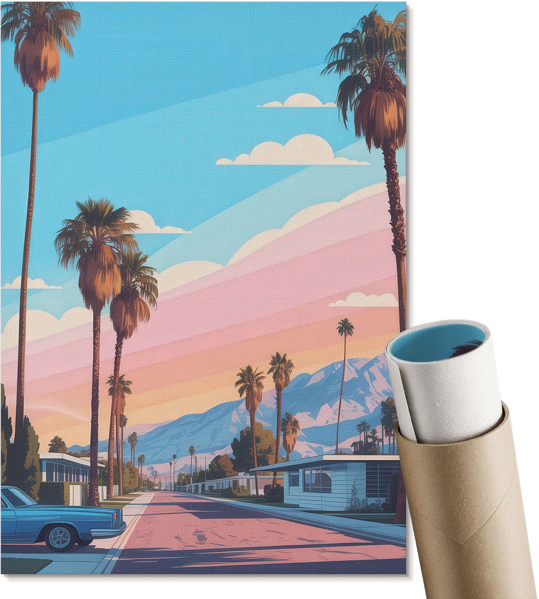 Coloray Polycanvas Wandposter - Straatcafé, Illustratie - A3 - Blauw Patroon - Rechthoek - Wandkunstwerk - Woonkamer, Slaapkamer, Kantoor - Klassiek