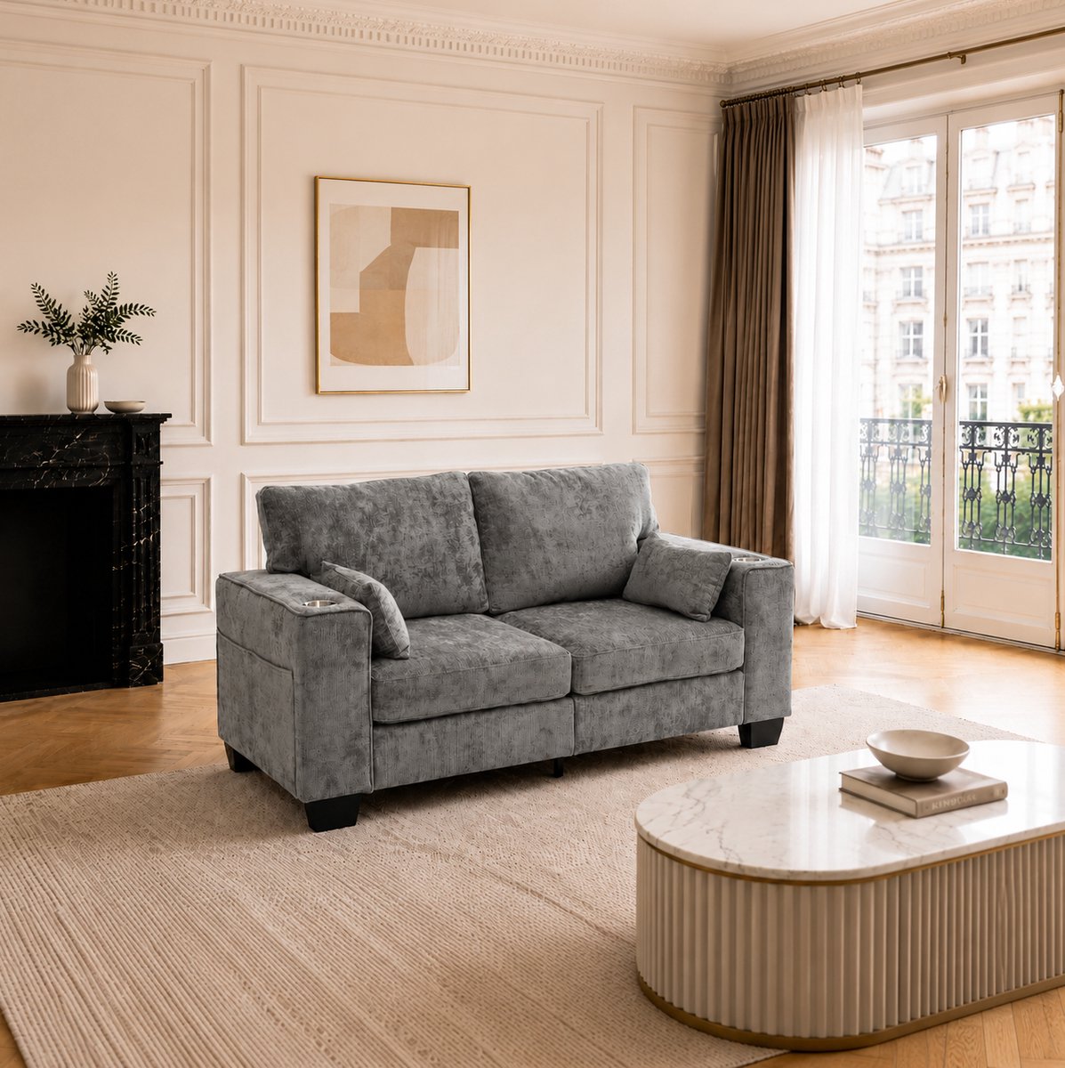 OKWISH 2-Zits Bank – 182 Cm Brede Zitbank Met 53 Cm Zitdiepte, Bekerhouders En Zijvakken – Modern Voor Woonkamer En Kantoor – Chenille – Donkergrijs