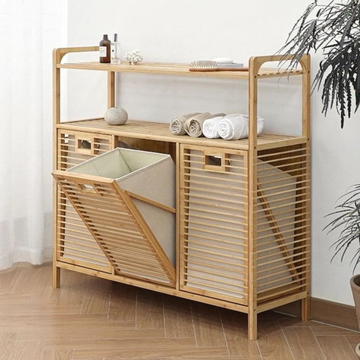 Grote Bamboe Wasmand - Kast Met Bakken - Kleding Sorteren - Uitneembare Stoffen Bakken - 97x30x72cm - Natuurlijk Bamboe