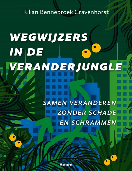 Boek 'Wegwijzers in de veranderjungle' met een illustratie van een jungle die overgaat in een stadslandschap met gebouwen.