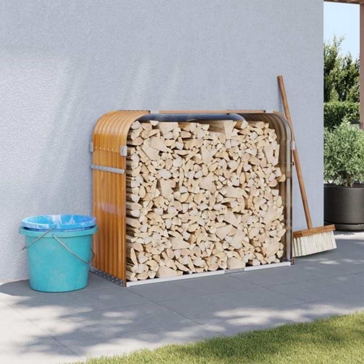 Brandhouthouder Staal - Haardhout Rek - Opslag Buiten - Wandbevestiging Mogelijk - 120x45x100 cm - Bruin