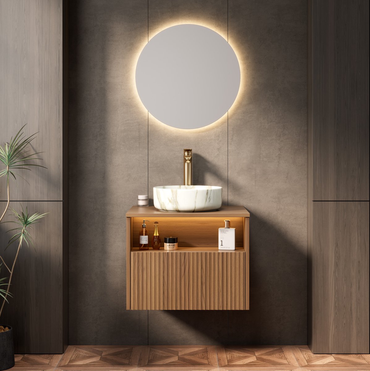 FloraGrace Badkamerkast - Wandhangend Wastafelmeubel Met Keramische Waskom En LED Verlichting - Voor Badkamer - Multiplex - 60x46x58,8 Cm - Bruin Eiken En Steenwit