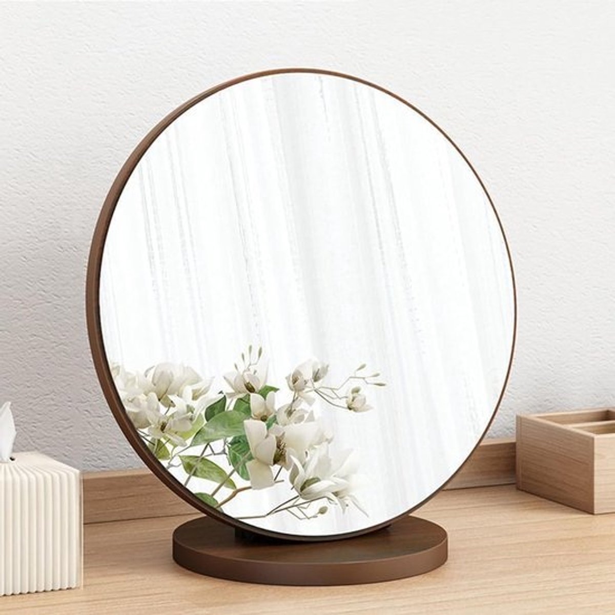 Houten Make-up Spiegel - Kaptafelspiegel Tafelspiegel - Dagelijkse Verzorging - 90 Graden Verstelbaar - 20 cm Diameter - Walnoot