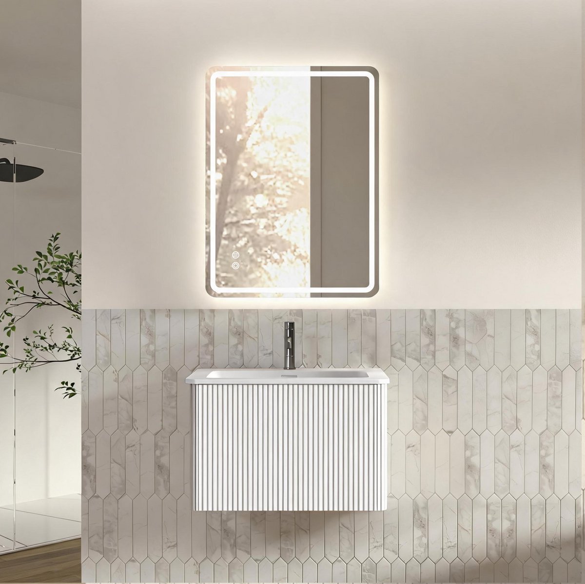 FloraGrace Badkamermeubelset - Wandhangend Met Led Spiegel En Geïntegreerde Wastafel - Modern Met Verticale Ribbels - Wit - 60 Cm