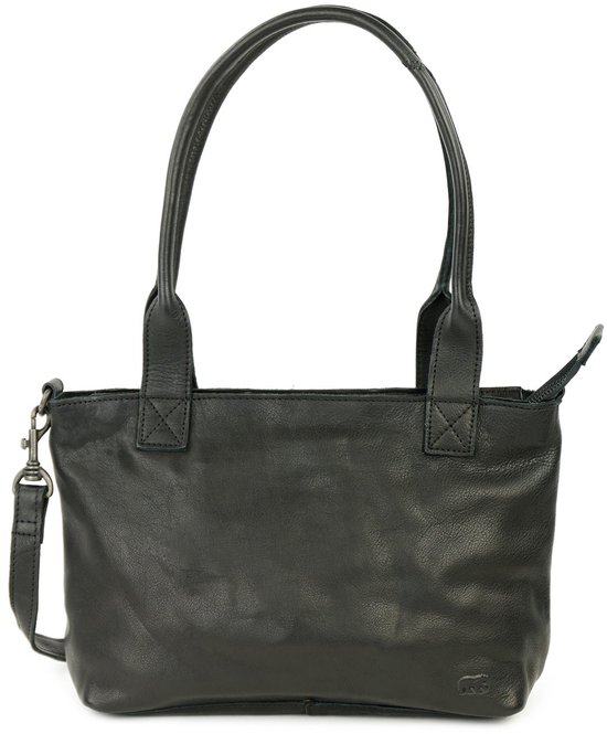 Sac d'épaule noir en cuir avec double poignées et une bandoulière amovible, avec un petit logo d'ours sur le devant.