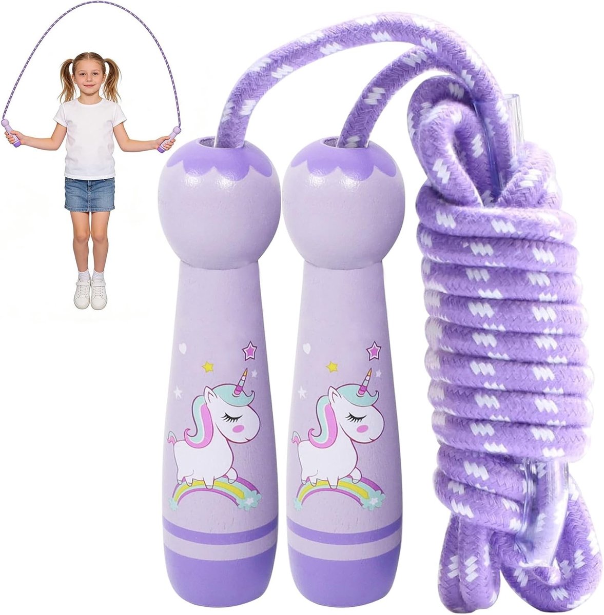 Verstelbaar springtouw voor kinderen van 260 cm met houten handvat en regenboogdesign, ideaal voor fitness, coördinatie en motorische ontwikkeling vanaf 4 jaar