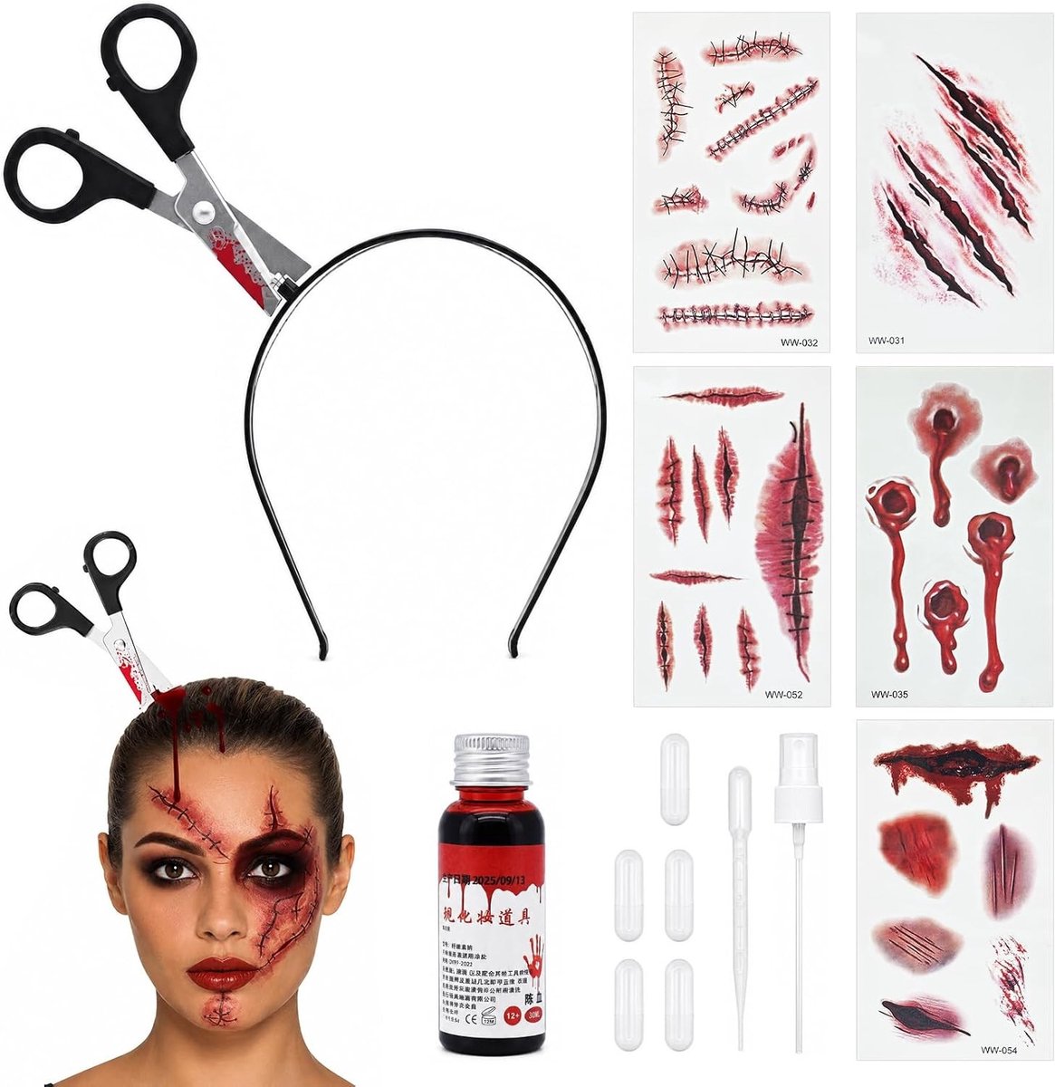 Haarband voor Halloween met bloedschaar, 5 tijdelijke tatoeages en nepbloed 30 ml voor een griezelige look