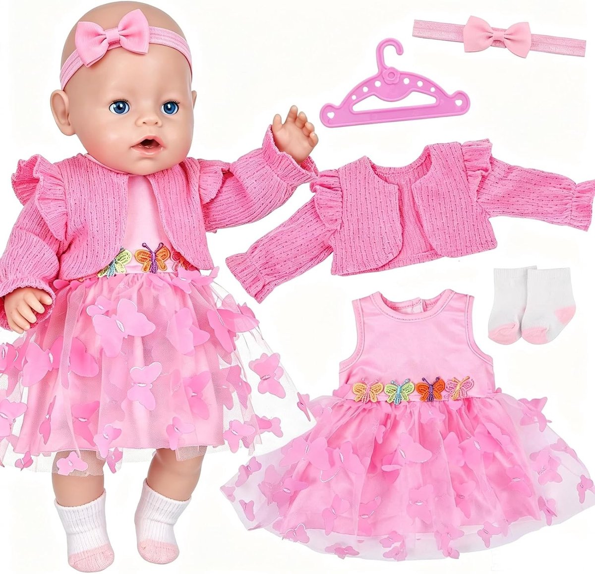 5 Roze Poppenjurken met Vlinderpatroon voor 35-45 cm Poppen, Inclusief Kleding, Haarband en Sokken, Cadeau voor Kinderen vanaf 3 Jaar