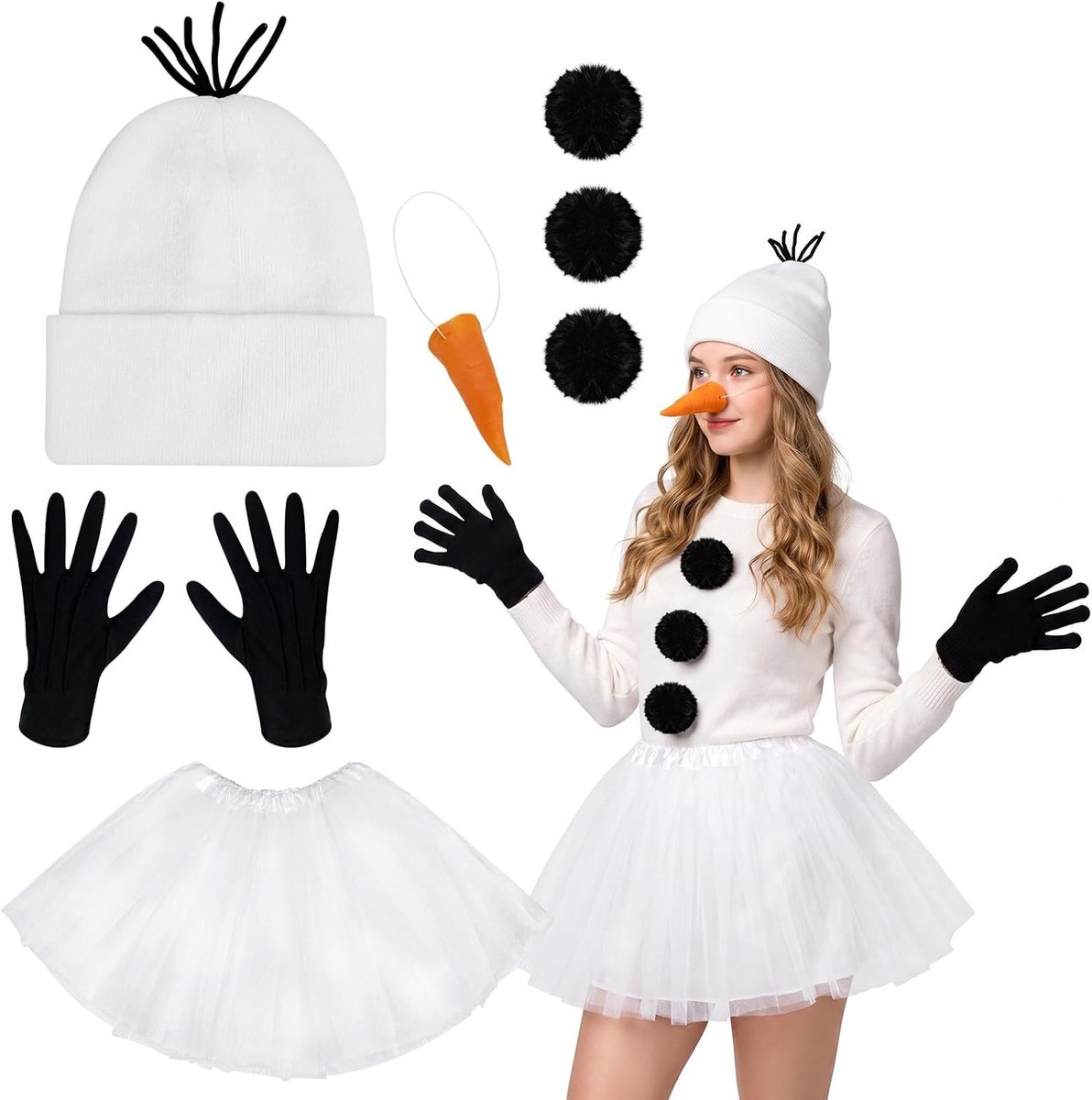 Grappig sneeuwman kostuum voor dames met accessoires zoals wortelneus, muts en sjaal voor Halloween en carnaval