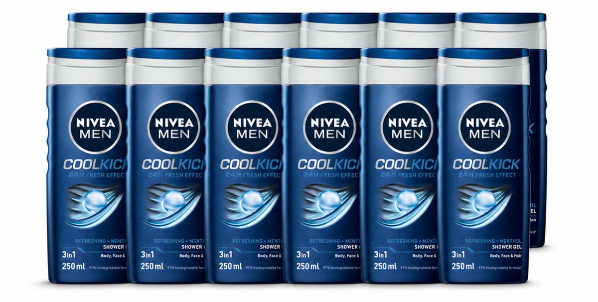 12 x NIVEA MEN - Douchegel - Cool Kick - 250 ml - Voordeelverpakking - 12 stuks
