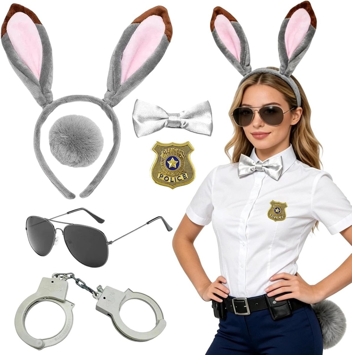 Carnaval Kostuum Accessoireset met Konijnenoren, Haarband, Strik, Staart, Politiebadge en Zonnebril voor Feesten, Cosplay en Verkleedpartijen