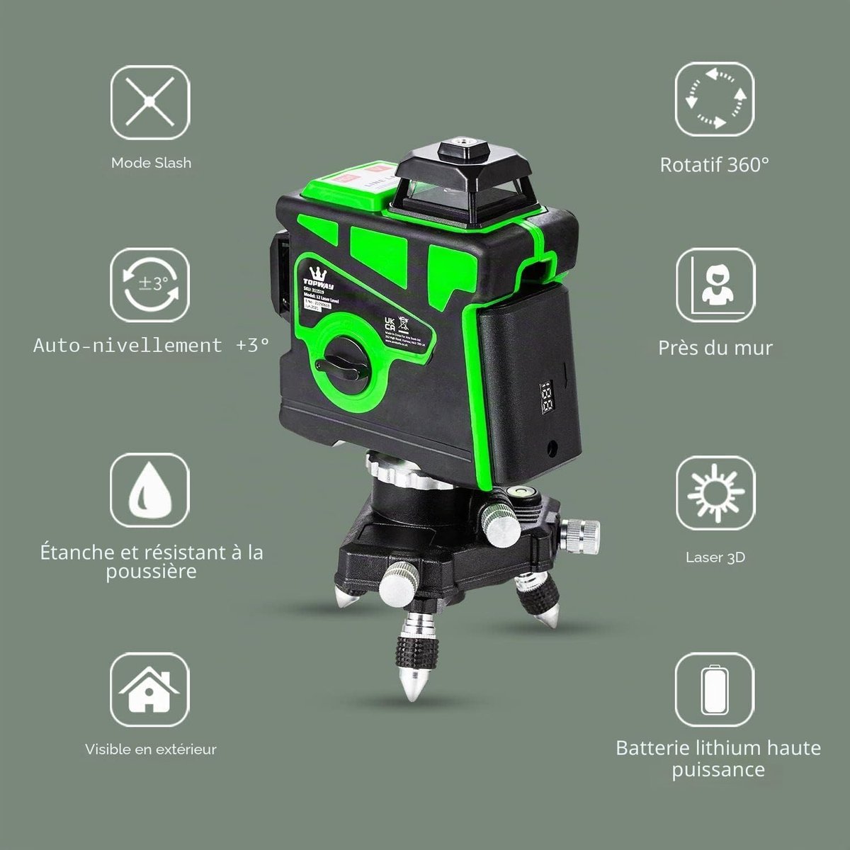 3D-laserwaterpas, 12 lijnen, inclusief 3 groene kruislijnen van 360 graden, zelfnivellerend lasergereedschap, geschikt voor binnen- en buitenvloeren, met pulsmodus en pendelvergrendelingsfunctie, inclusief 1 batterij.