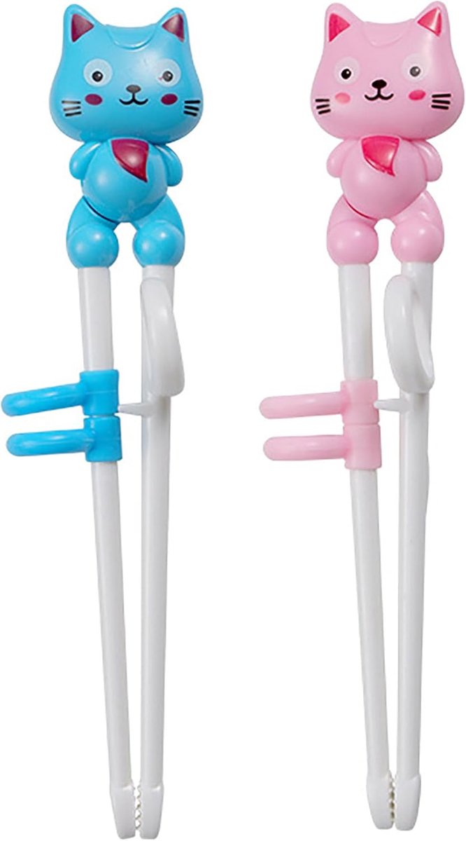 2 paar eetstokjes - leerhulp oefenstokjes - cadeauset met dieren - kat roze + blauw