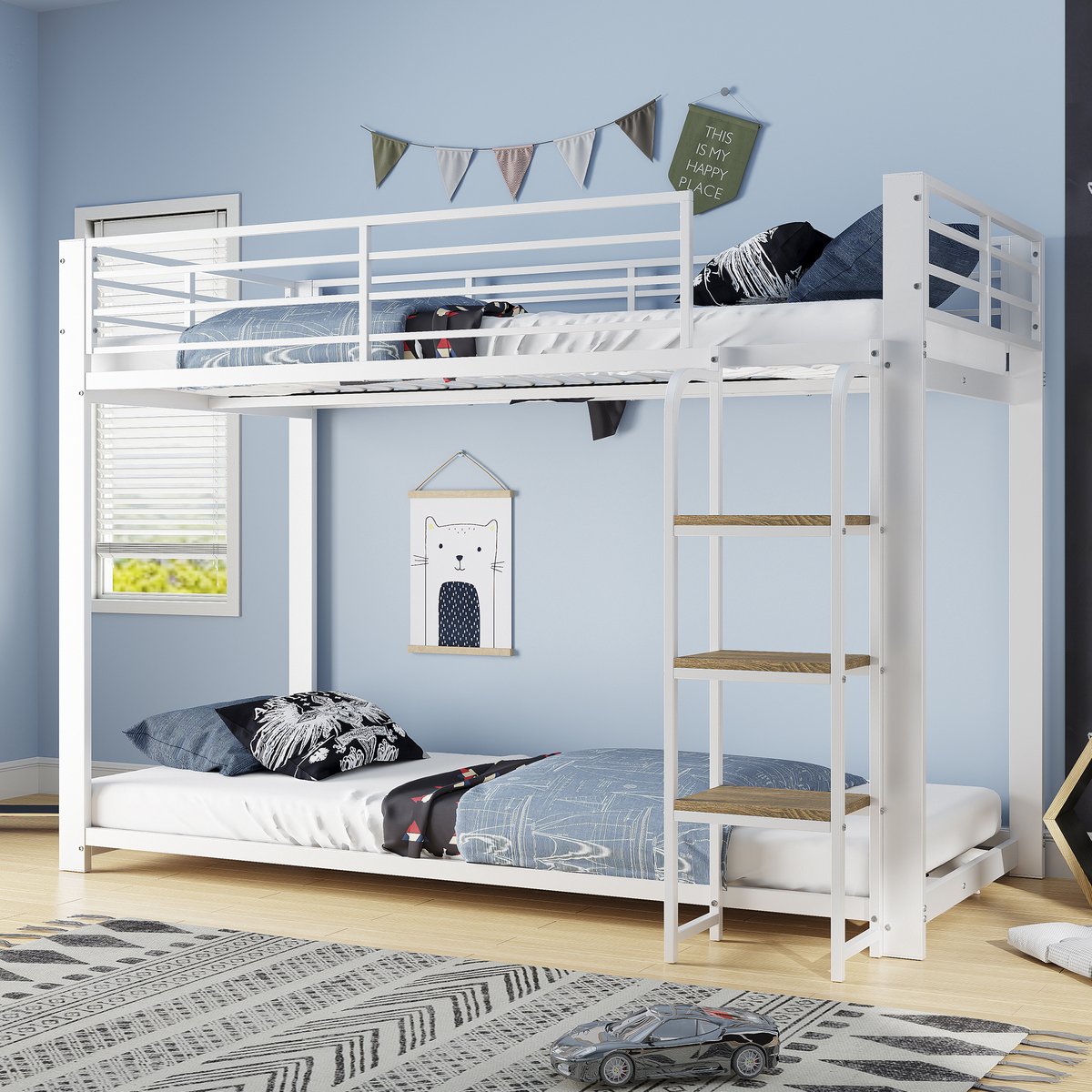 Clruro Stapelbed - 90x200 cm - Metalen Kinderbed met Houten Ladder - Hoge Valbescherming - Metaal - Wit