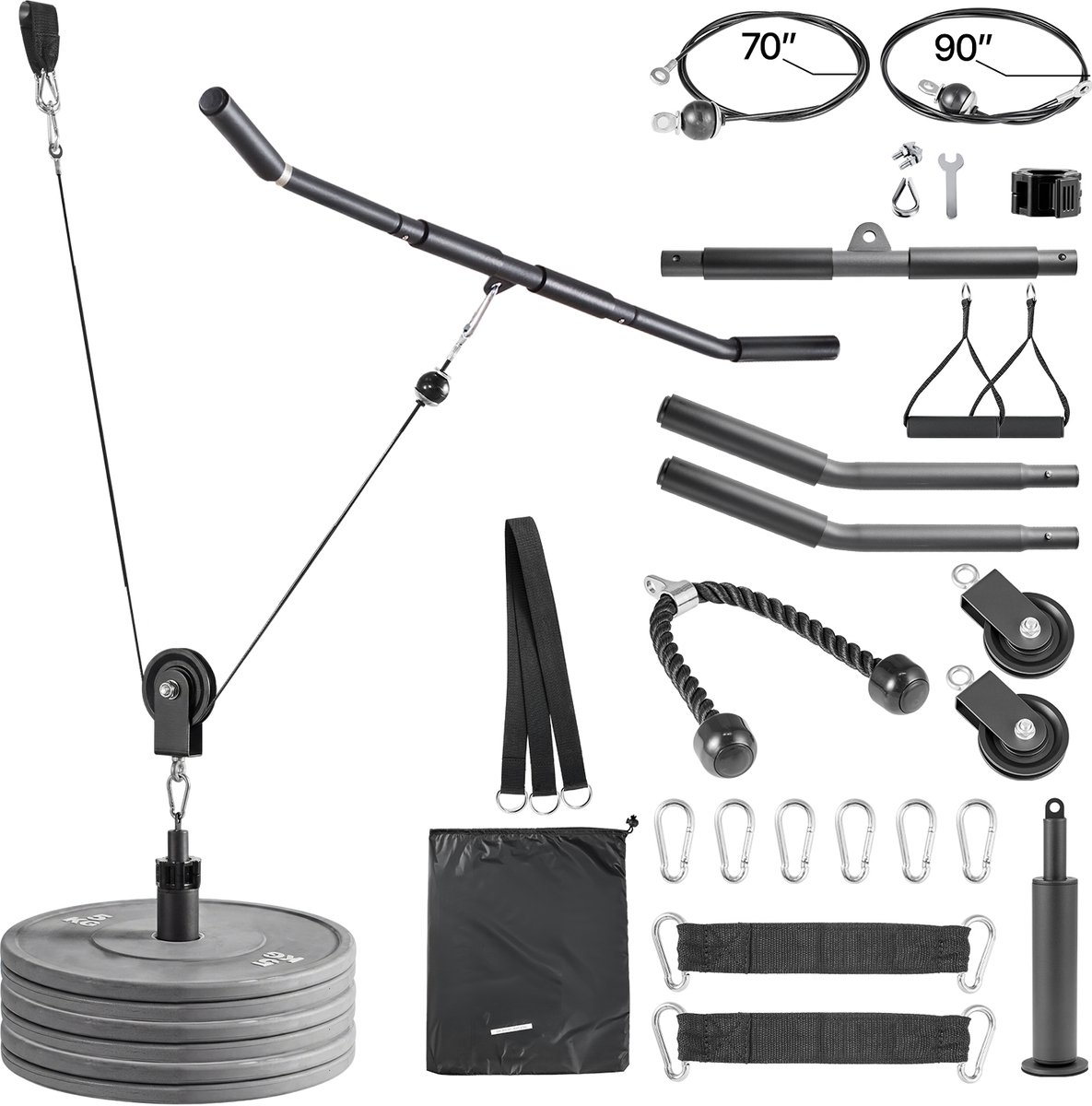 Kabelkatrolsysteem, 2-Delige Latpulldown-Unit, Draagvermogen Tot 150 Kg, Krachttrainingsapparatuur met Latpulldownstang en Kabelkatrol, Geschikt voor Oefeningen van Armen, Rug en Schouders