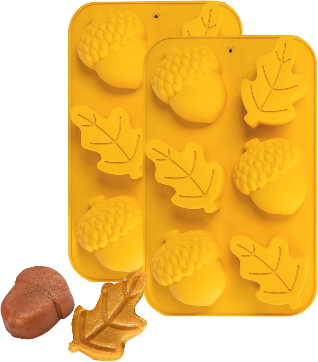 Siliconen Koekjesvorm – 2 Stuks – Geel – 6-Voudige Vorm – 3 Bladeren en 3 Hazelnoten per Vorm – Bakvorm voor Koekjes, Chocolade en Traktaties